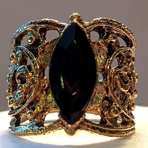 Gold Plated Silver Antique-Style Vintage Ring with Faux Onyx Stone Size 6.5